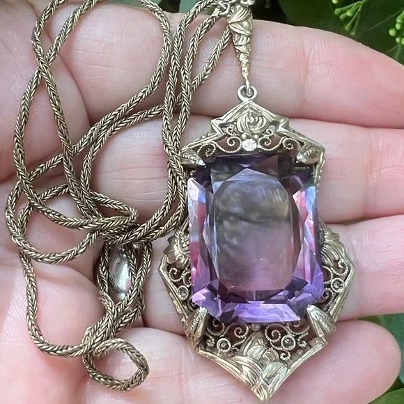 ANTIQUE ART DECO EMERALD CUT AMETHYST STERLING SILVER NECKLACE MADE IN GERMANY - Picture 16 of 16
